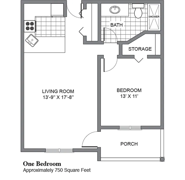 Floorplan for a one bedroom apartment at parkland gardens