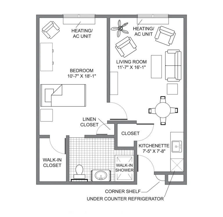 One bedroom floor plan for kingsway manor apartments