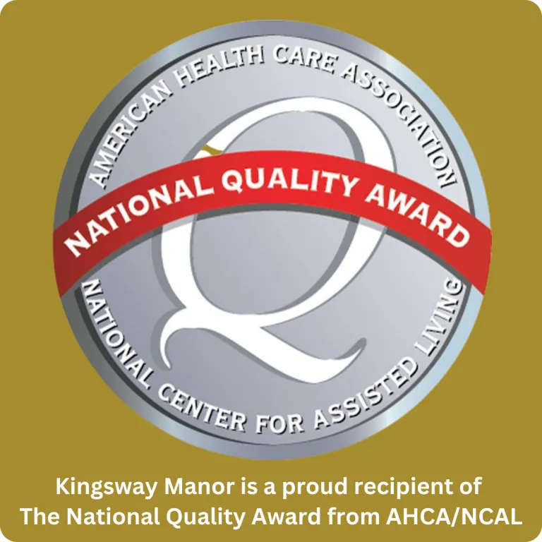 National Quality Award logo on a gold background with text that says Kingsway Manor is a proud recipient of the national quality award from AHCA/NCAL