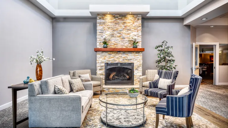 Fireplace in Kingsway Village Apartments Lobby